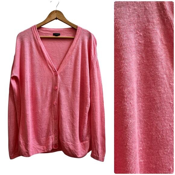 Talbots Pink Linen V Neck Button Cardigan Medium Natural Slub Textured - Picture 12 of 12